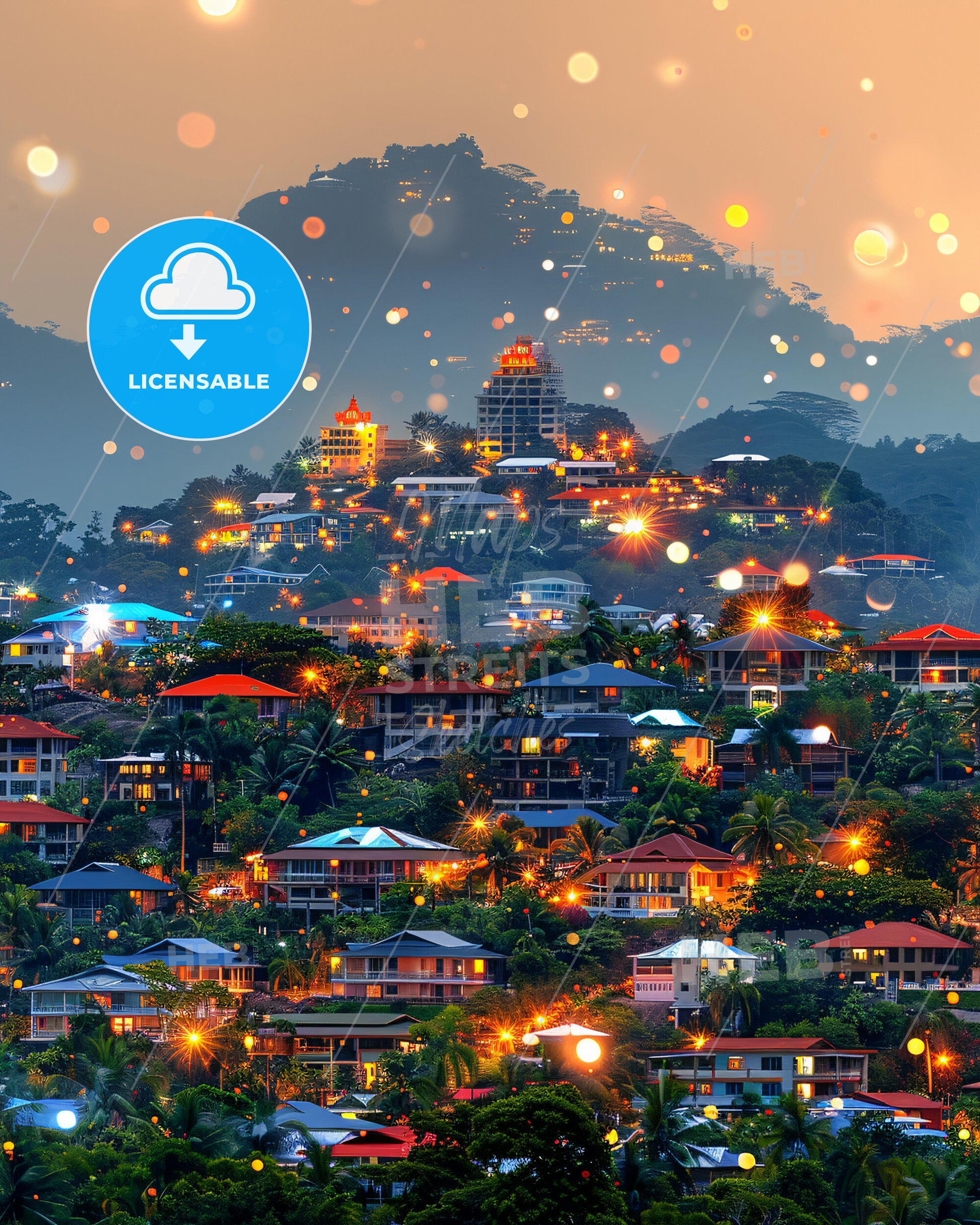 Seychelles Double Exposure Skyline Composite Art - A city with many buildings and trees