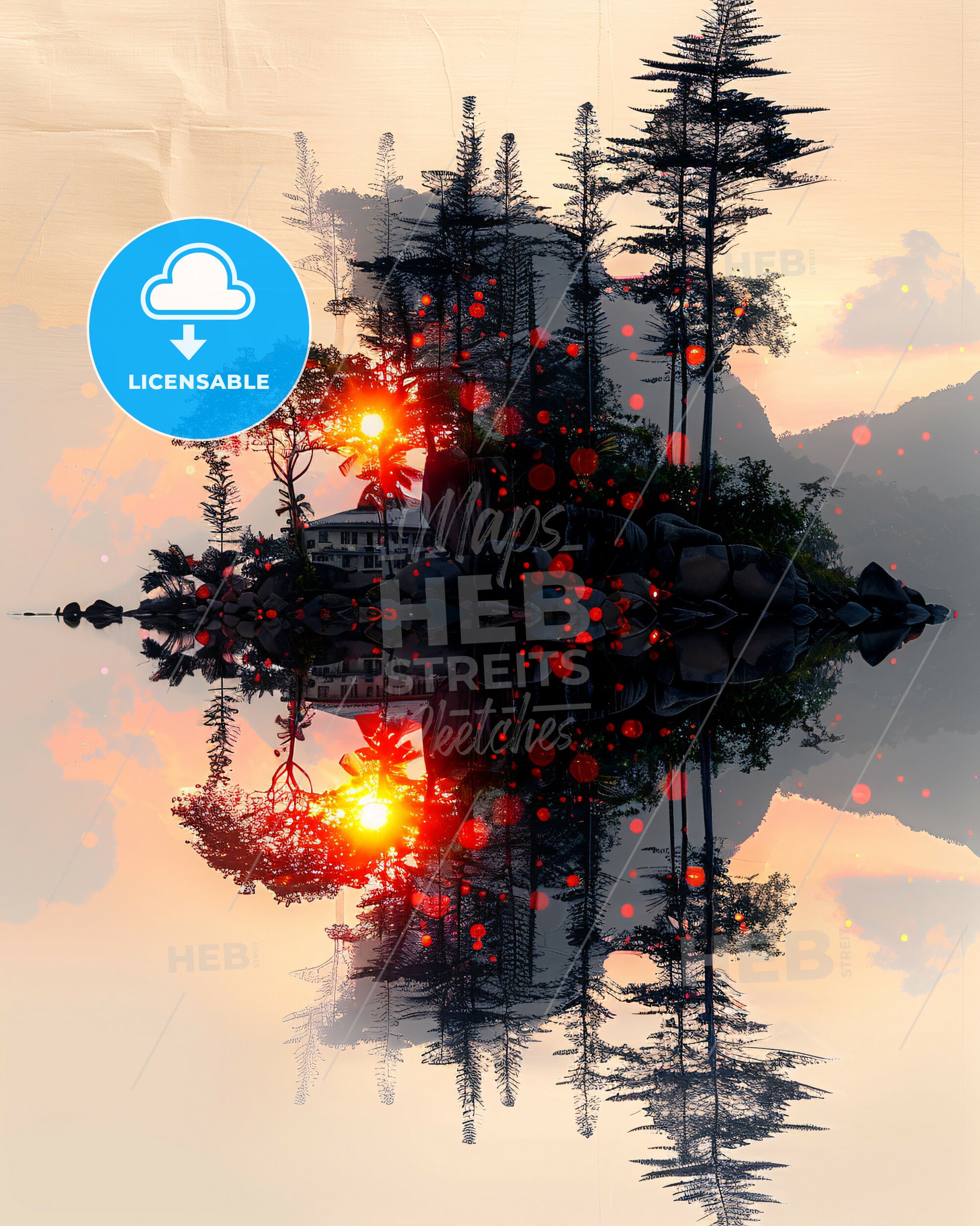 Seychelles Double Exposure Skyline Poster Art - A reflection of a house and trees on a lake