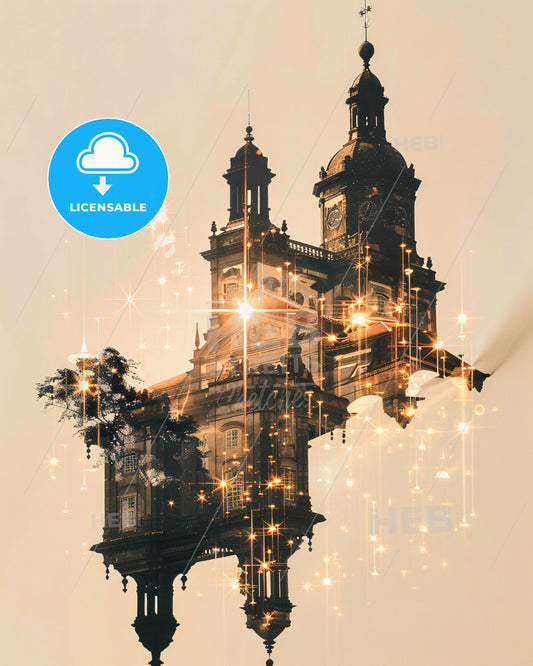 Sao Miguel City Skyline Composite Art Poster - A building with a tower and a tree