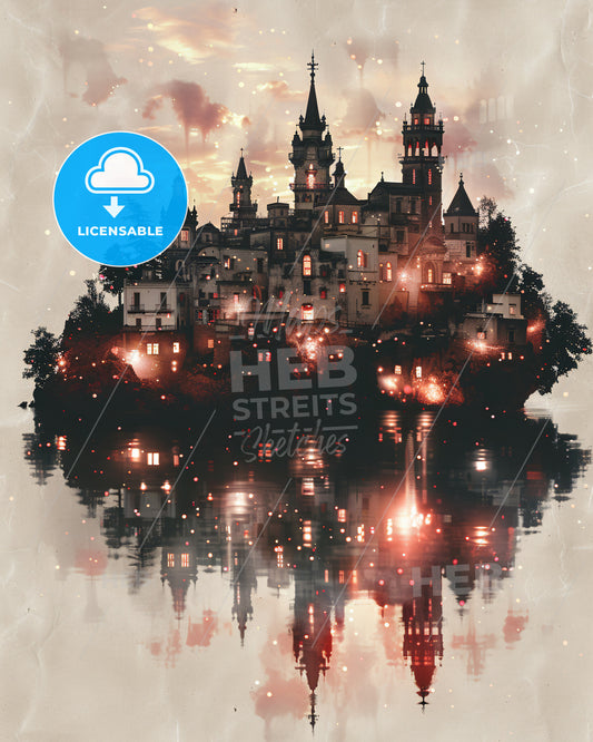 Aeolian Islands Skyline Double Exposure Art Poster - A castle on an island with lights reflecting in water