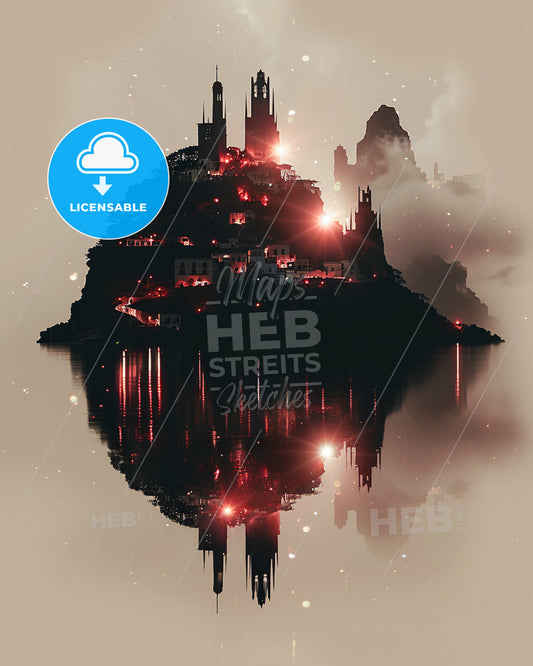 Aeolian Islands Skyline Double Exposure Poster Art - A castle on a hill with lights reflecting in water