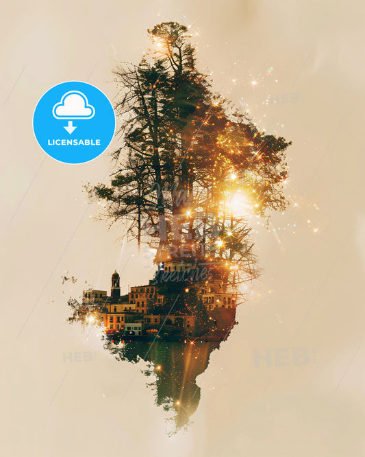 Aeolian Islands Double Exposure Paradise - A tree and buildings in water