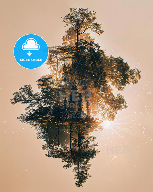 Andaman & Nicobar Islands Double Exposure Composite Art - A tree with a reflection of the sun