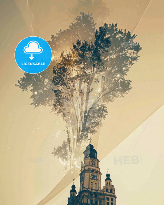 Usedom Skyline Double Exposure Poster, Bright Beige - A tree and a building