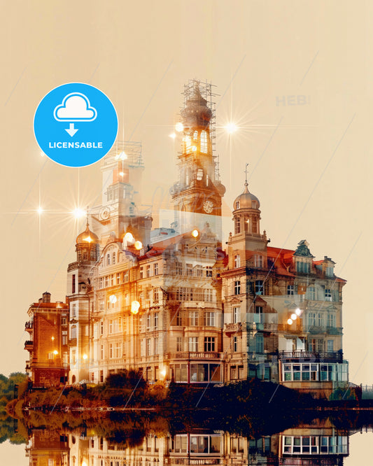 Usedom Skyline Composite Double Exposure Poster Art - A building with a clock tower