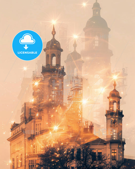 Usedom Skyline Double Exposure Composite Art - A building with towers and a tower with a light shining on it