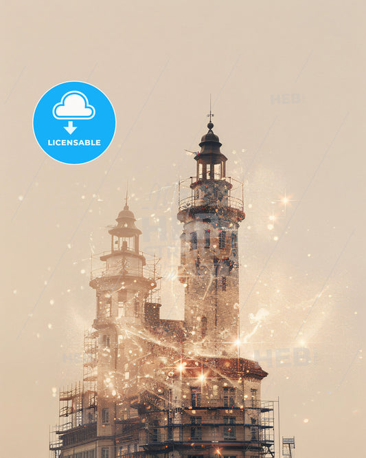 Usedom City Skyline Iconic Composite Art Poster - A building with a tower and scaffolding