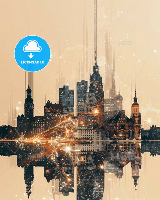 Usedom Skyline Cityscape Poster Art - A city with lights reflecting in water