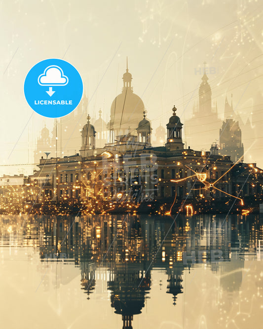 Vasilievsky Island Skyline Composite Art Landmark Icons - A building with a dome and a dome on the water