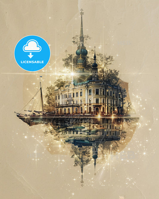 Vasily Island Double Exposure City Skyline Art - A building with a boat and a ship in the water