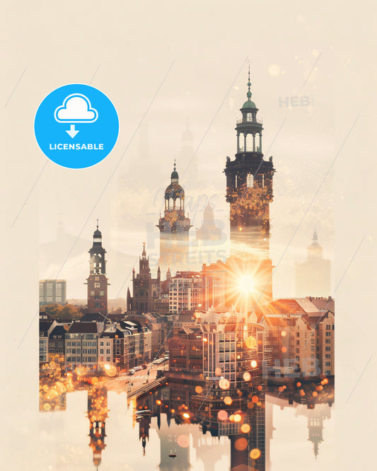Vendsyssel-Thy: Double Exposure City Skyline Landmark Art - A city with a river and a bridge