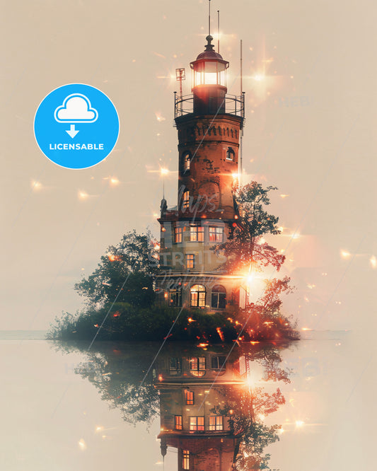 Vendsyssel-Thy Skyline Double Exposure Composite Art - A lighthouse on a small island