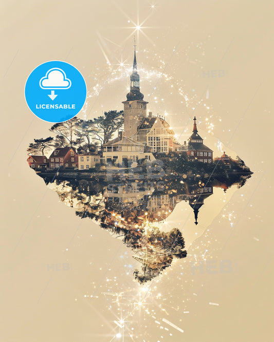 Vendsyssel-Thy Cityscape Double Exposure Artwork - A diamond shaped object with buildings and Mont Saint-Michel