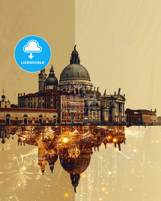 Venice Island Skyline Double Exposure Art - A city with a reflection of lights