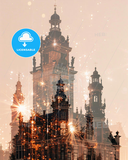 Voorne-Putten Skyline Double Exposure Iconic Landmarks Poster - A building with a tower and a bell tower