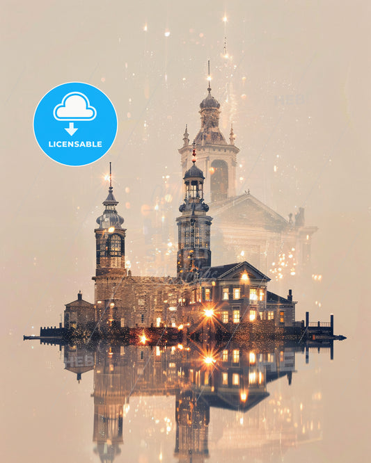 Voorne-Putten Skyline Double Exposure Art Poster - A building on a small island with lights