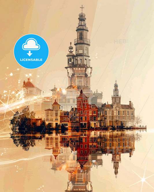 Island of Voorne-Putten Skyline Composite Poster Art - A city with a clock tower