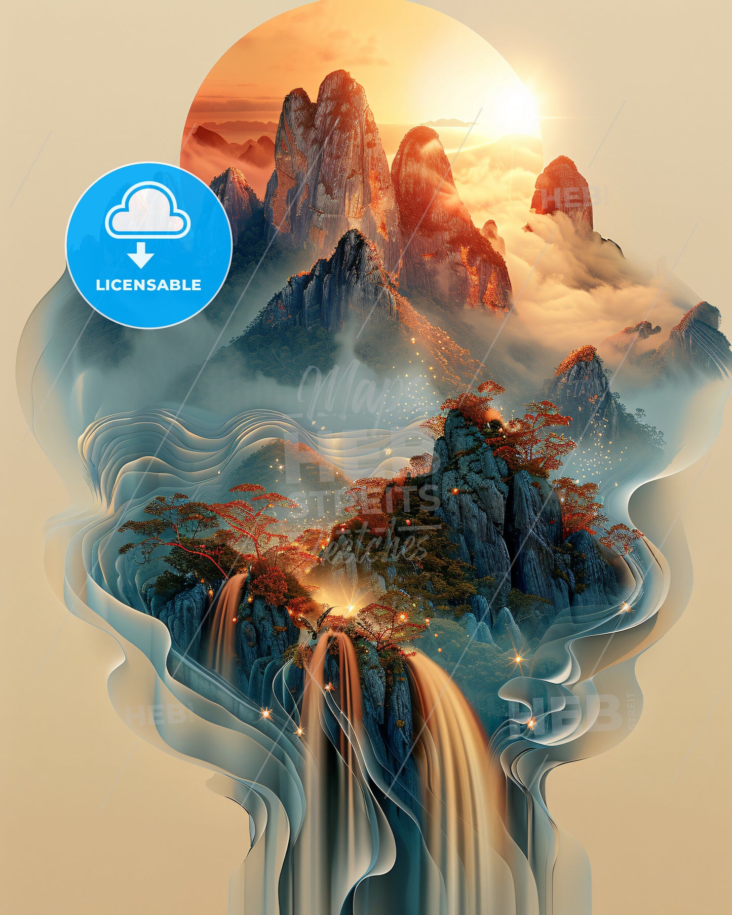 Whitsunday Islands Double Exposure Paradise Poster - A waterfall and mountains with clouds and sun