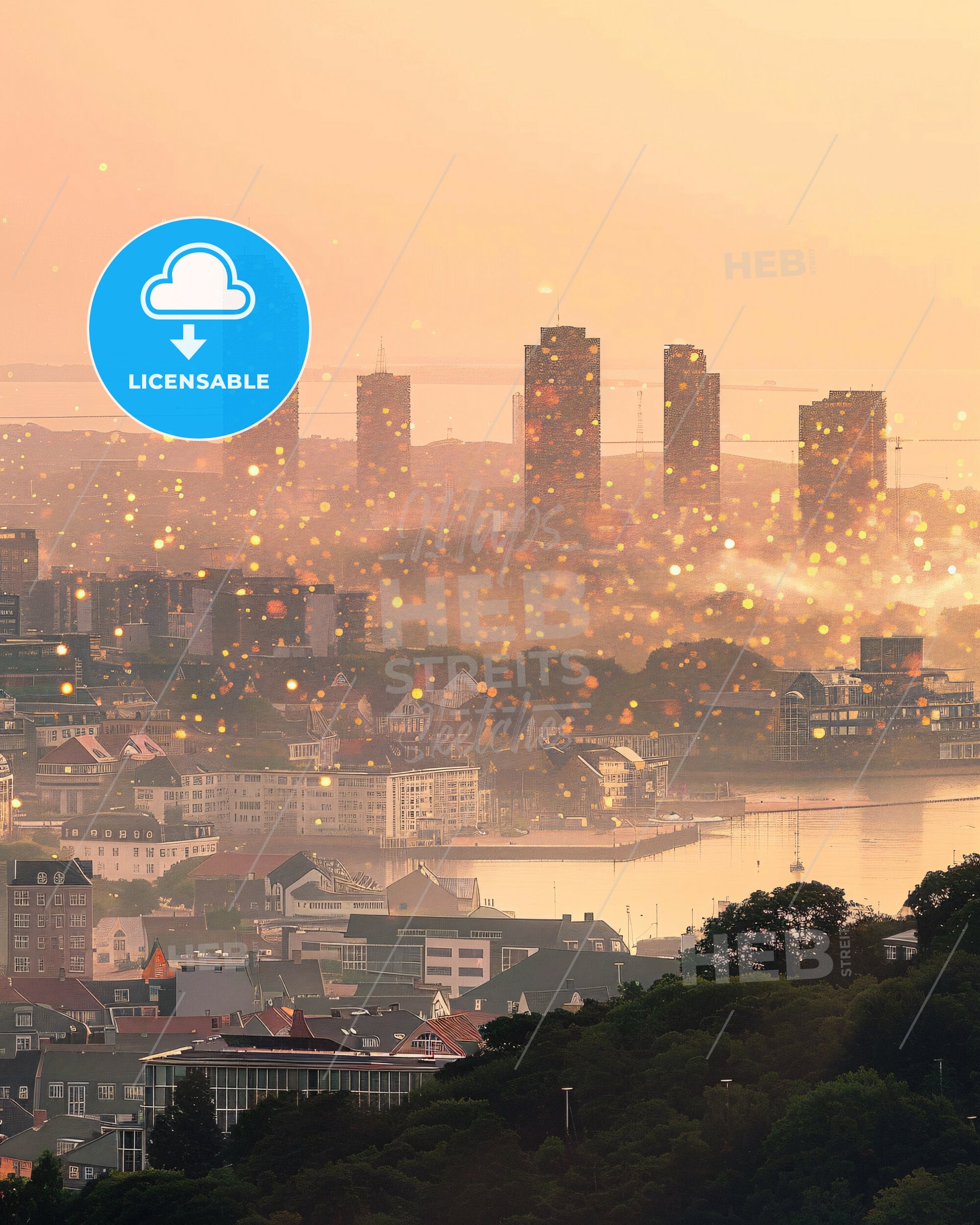 Zealand Skyline Double Exposure Cityscape Art - A city with many buildings and a body of water