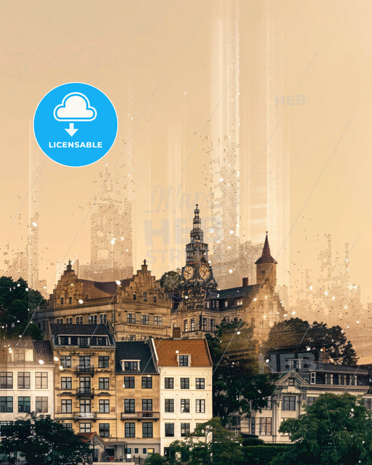 Zealand Cityscape Double Exposure Art Poster - A group of buildings with a clock tower