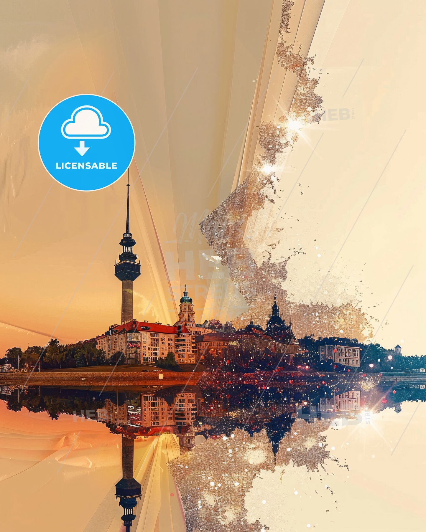 Žitný Ostrov Skyline Double Exposure Composite Art - A city with a tower and a body of water