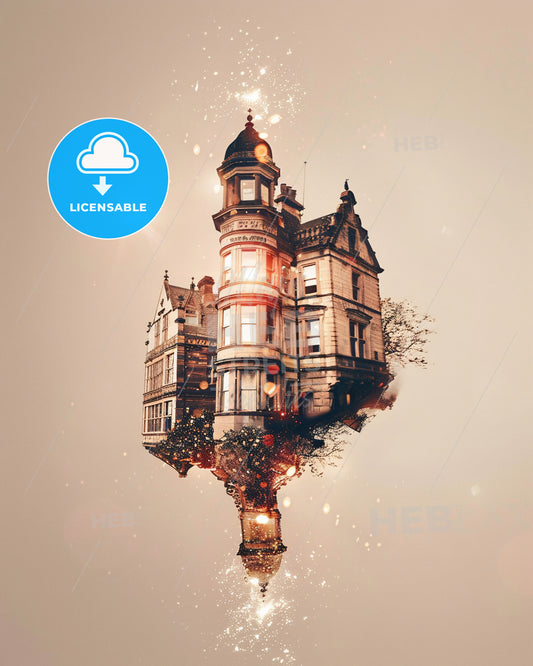 Isle of Man - Vibrant Double Exposure Skyline Poster - A building with a tower