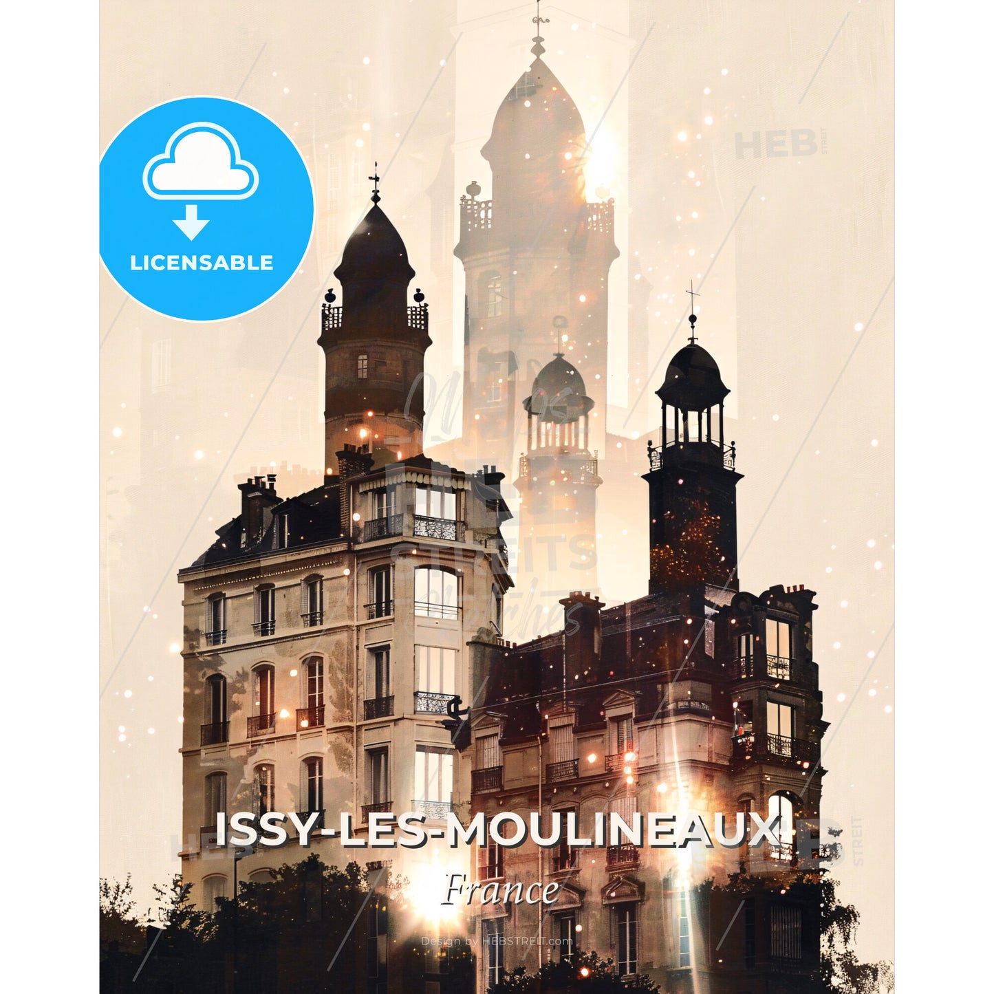 Issy Skyline: Double Exposure Silhouette Sparkle Beige - A building with towers and a tower in the background - Square format print template