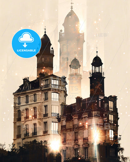 Issy Skyline: Double Exposure Silhouette Sparkle Beige - A building with towers and a tower in the background
