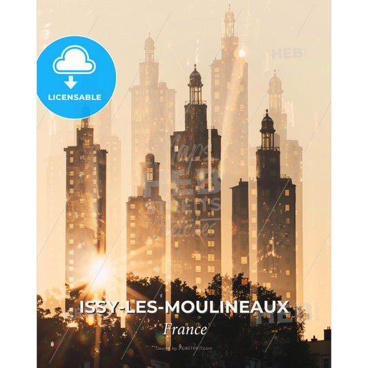 Issy-les-Moulineaux Skyline Silhouette Art - A group of tall buildings with the sun shining through them - Square format print template