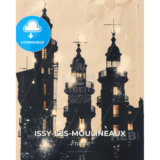 Issy-les-Moulineaux: Dreamy City Skyline Poster - A silhouette of a building with towers and lights - Square format print template