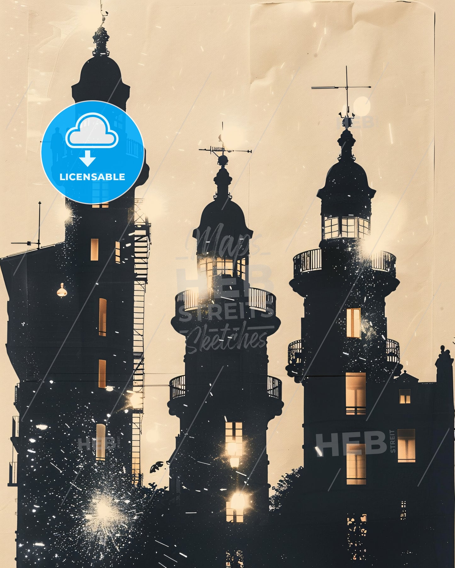 Issy-les-Moulineaux: Dreamy City Skyline Poster - A silhouette of a building with towers and lights