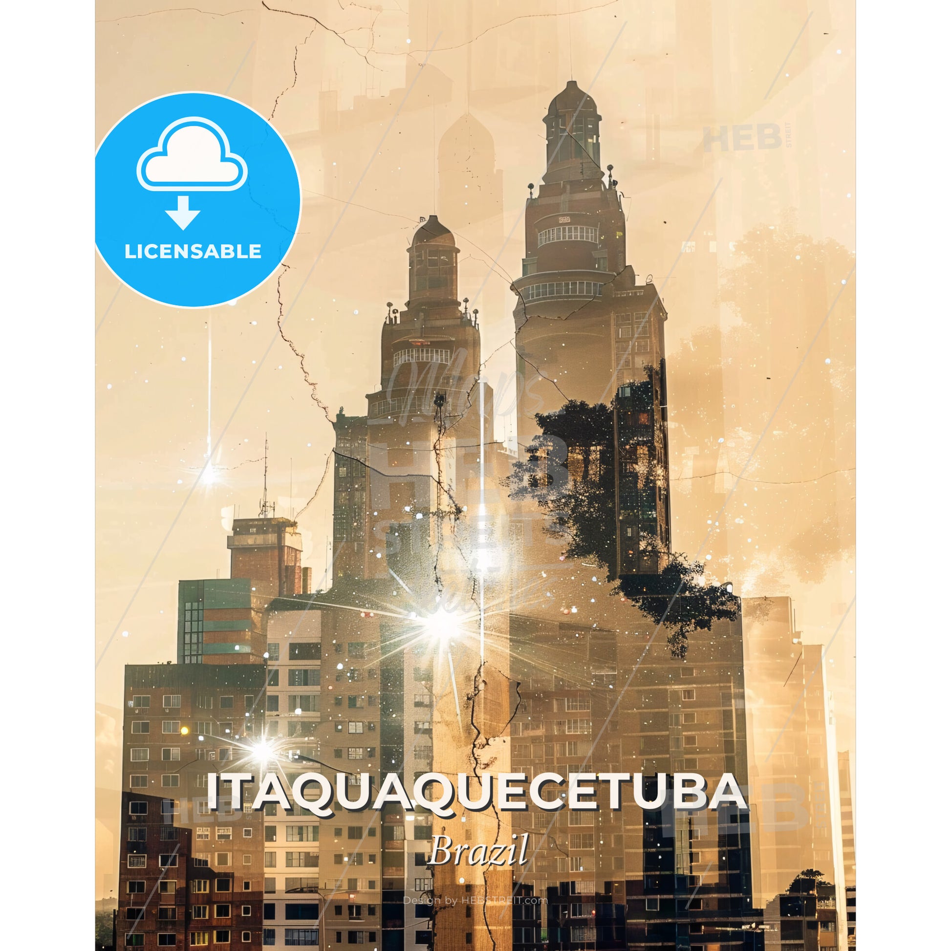 Itaquaquecetuba Skyline Art: Local Icons Sparkle - A double exposure of a city - Square format print template