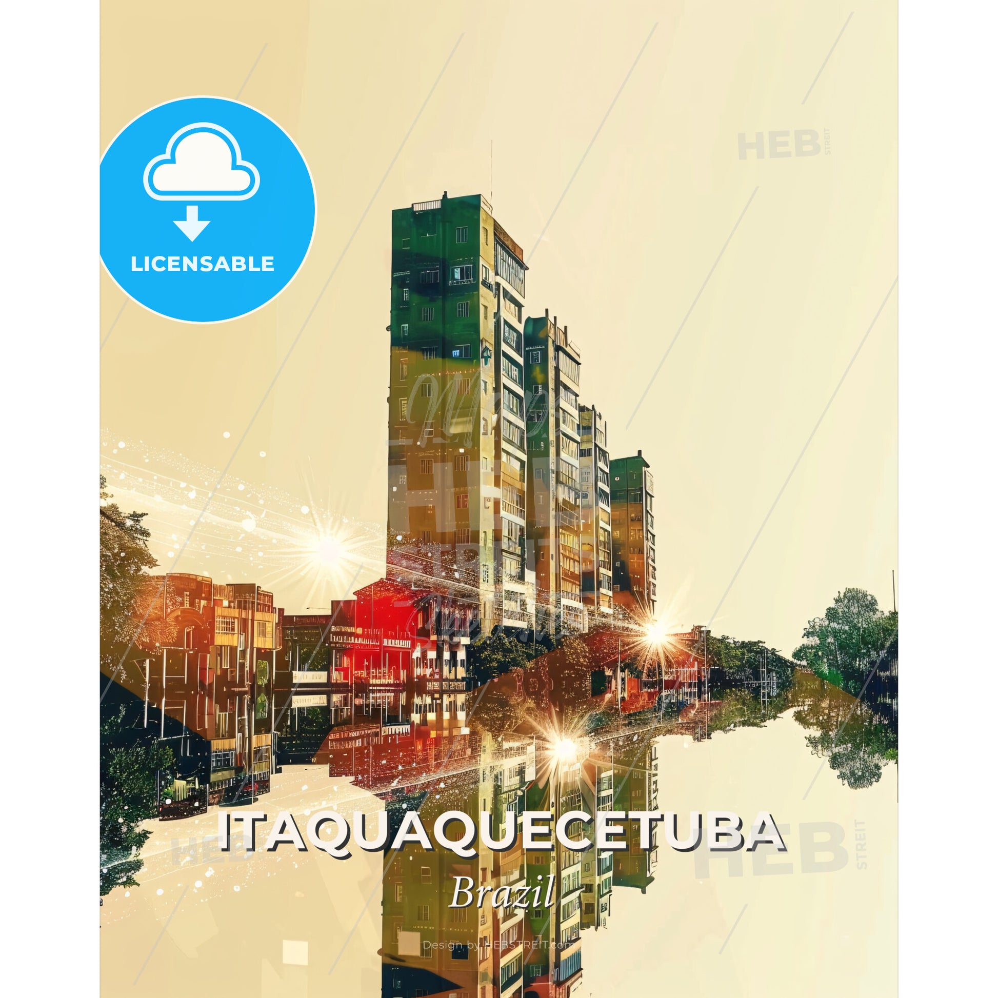 Itaquaquecetuba Skyline Poster Art Beige Sparks - A city with buildings and trees - Square format print template