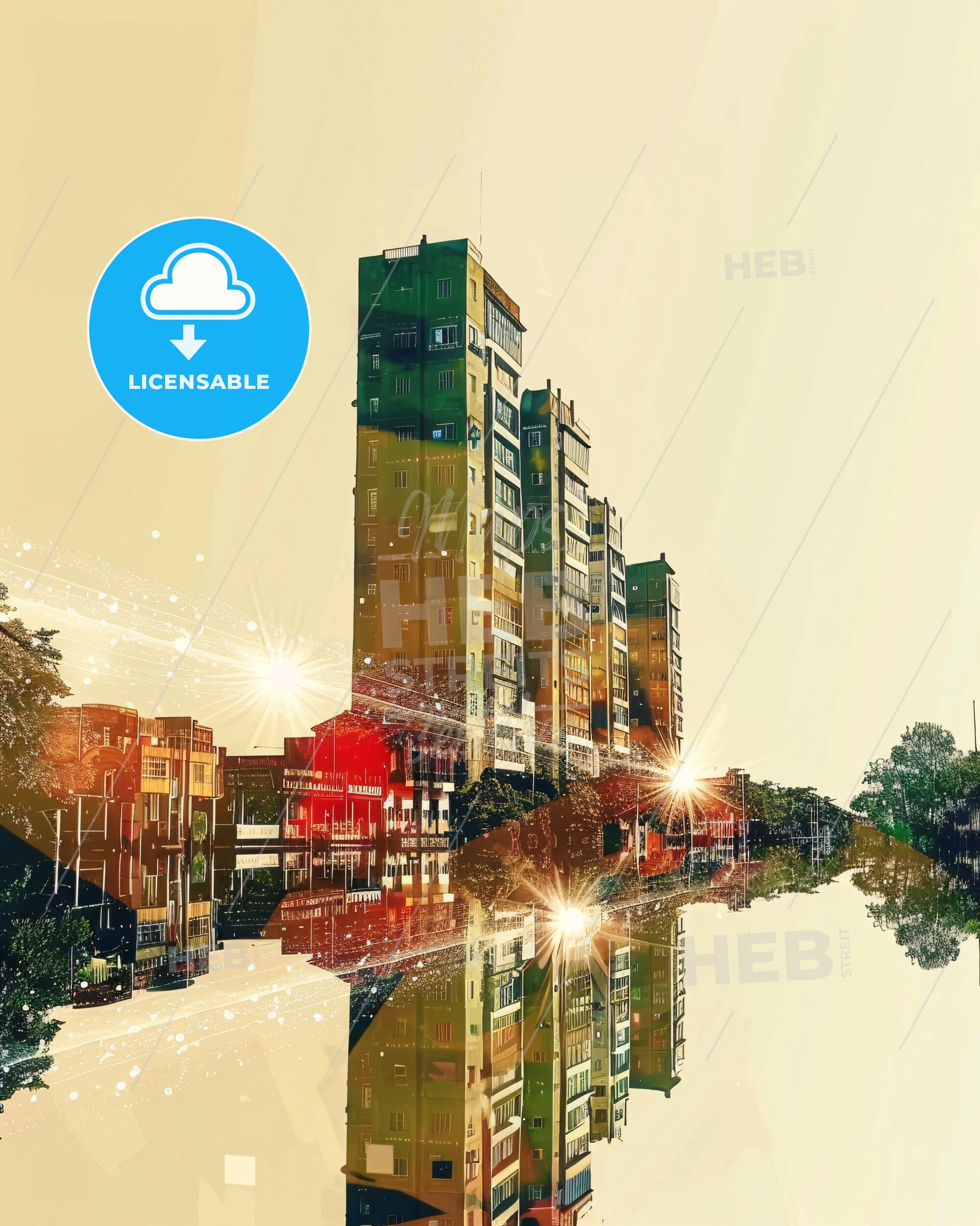 Itaquaquecetuba Skyline Poster Art Beige Sparks - A city with buildings and trees