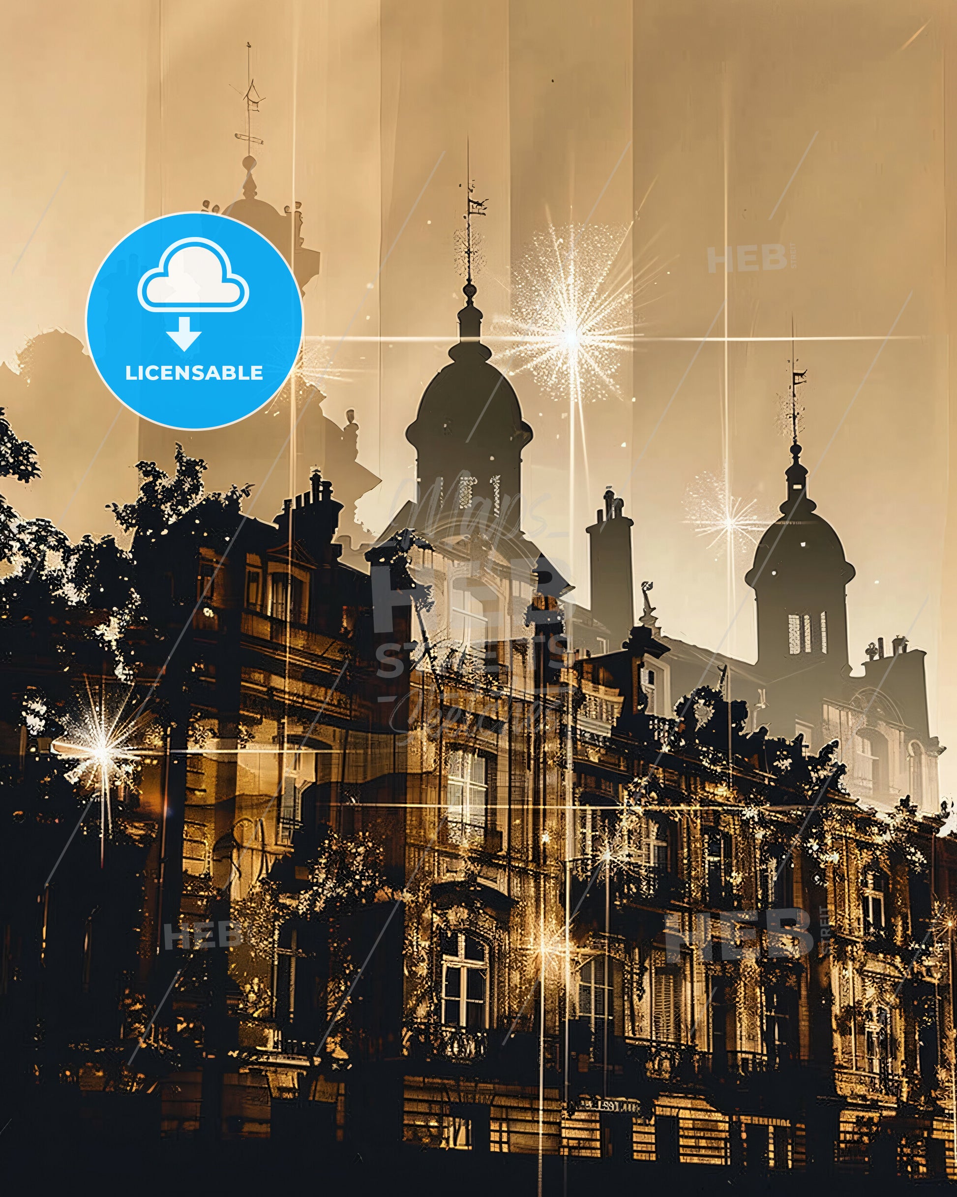 Ivry-sur-Seine Double Exposure Skyline Poster - A building with a tower and stars