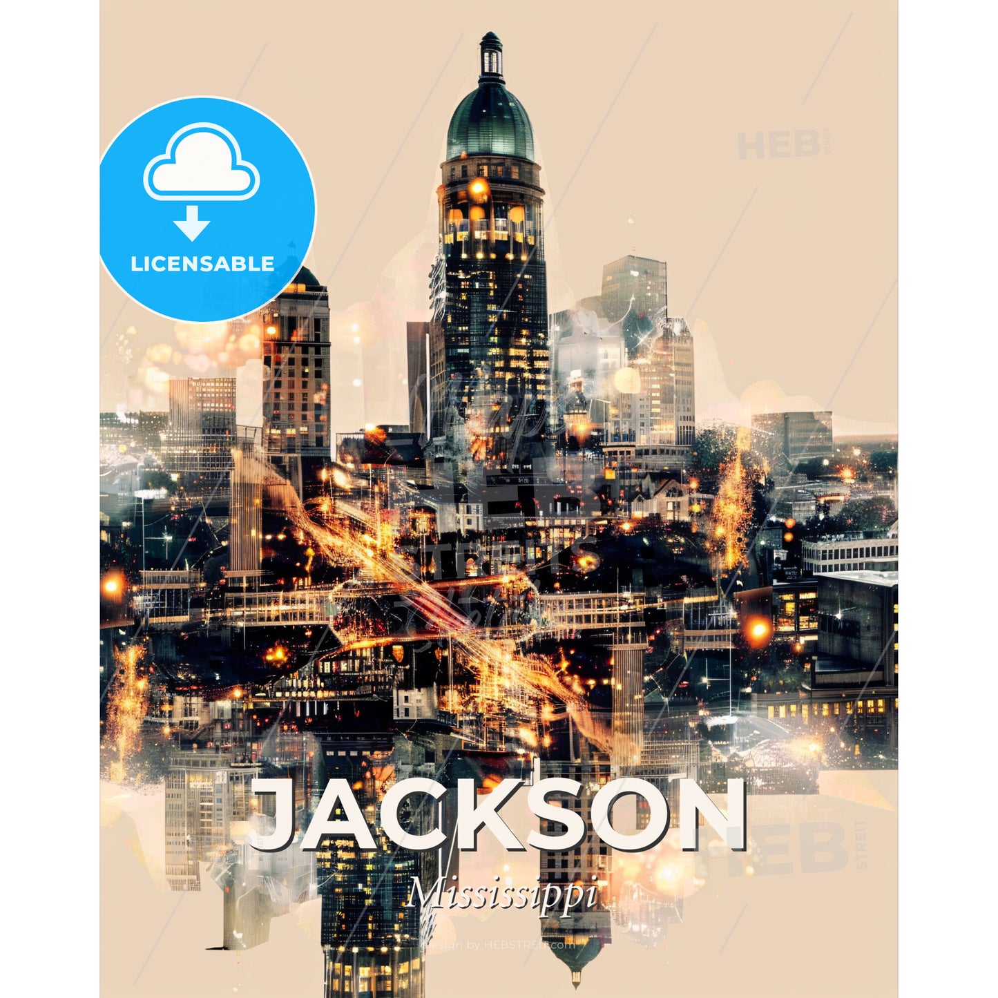 Jackson Double Exposure Skyline Art Poster - A city skyline with many tall buildings - Square format print template
