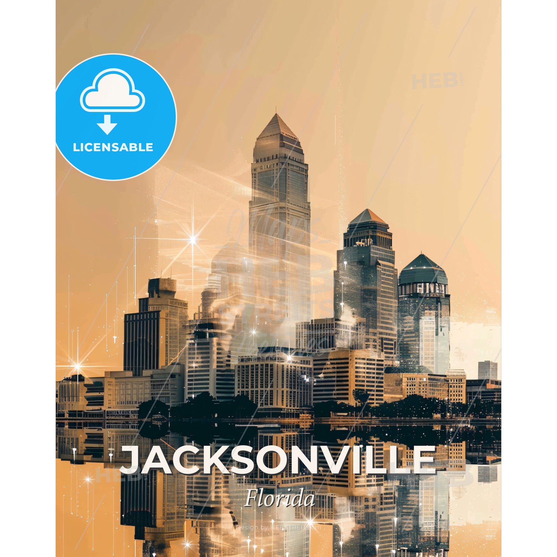 Jacksonville City Skyline Double Exposure Art Poster - A city skyline with a reflection of the sun - Square format print template