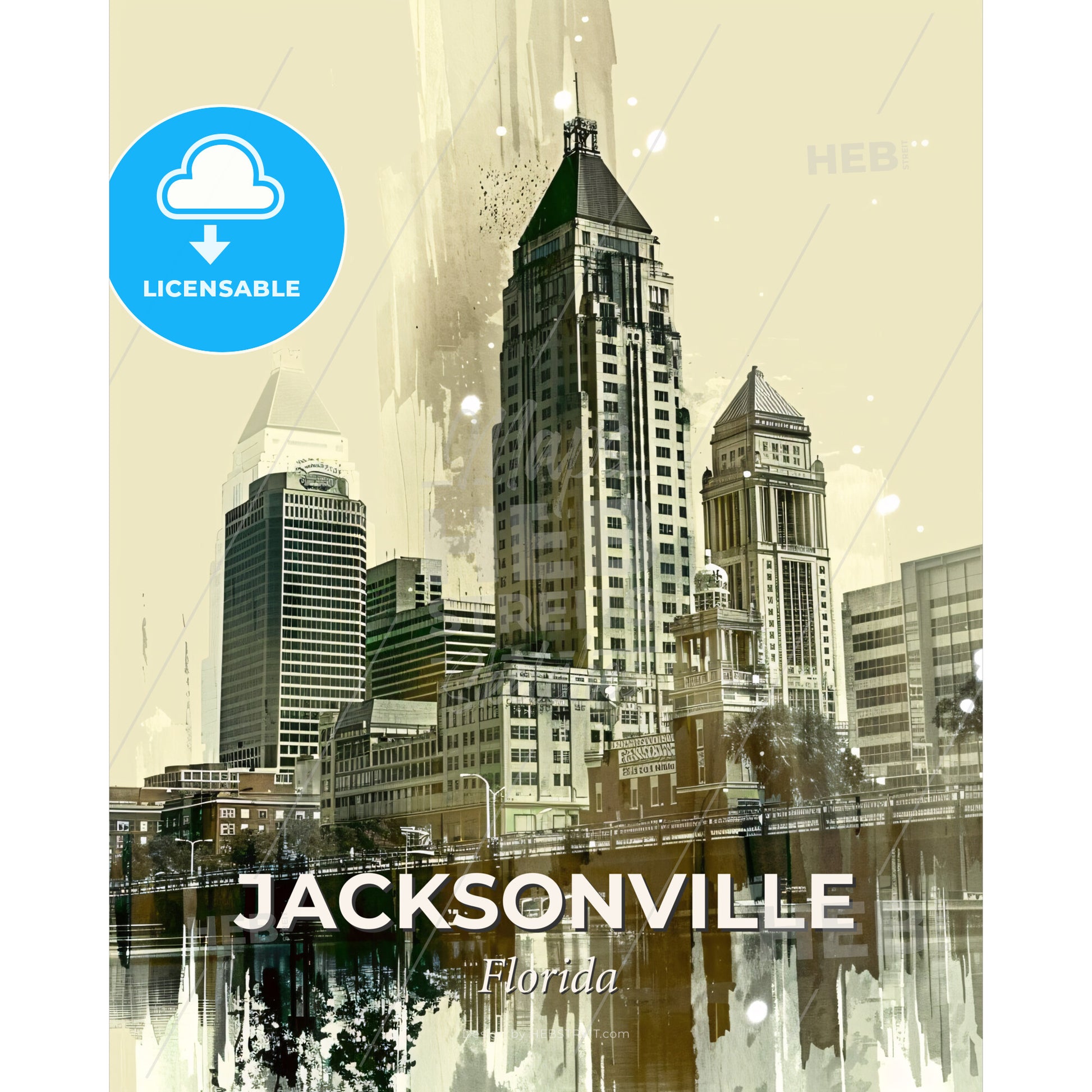 Jacksonville City Skyline Poster: Art Print - A city skyline with a bridge and a body of water - Square format print template