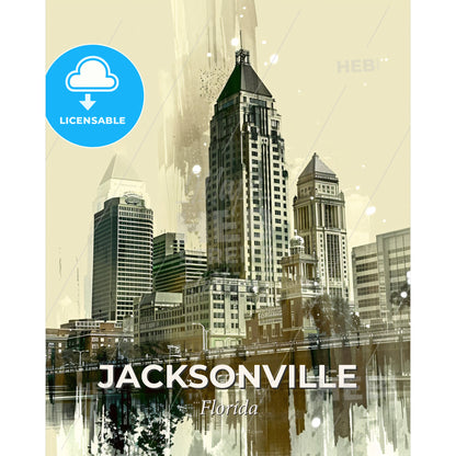 Jacksonville City Skyline Poster: Art Print - A city skyline with a bridge and a body of water - Square format print template