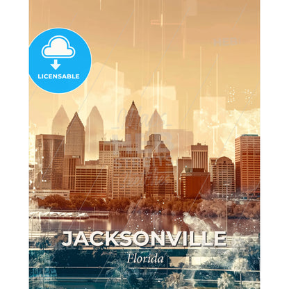 Jacksonville Skyline: Double Exposure Composite Art - A city skyline with water and trees - Square format print template