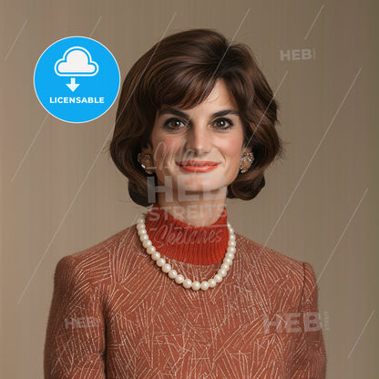Jacqueline Kennedy Onassis, 1929 - 1994, American First Lady and socialite - A Woman Wearing A Red Sweater And Pearl Necklace