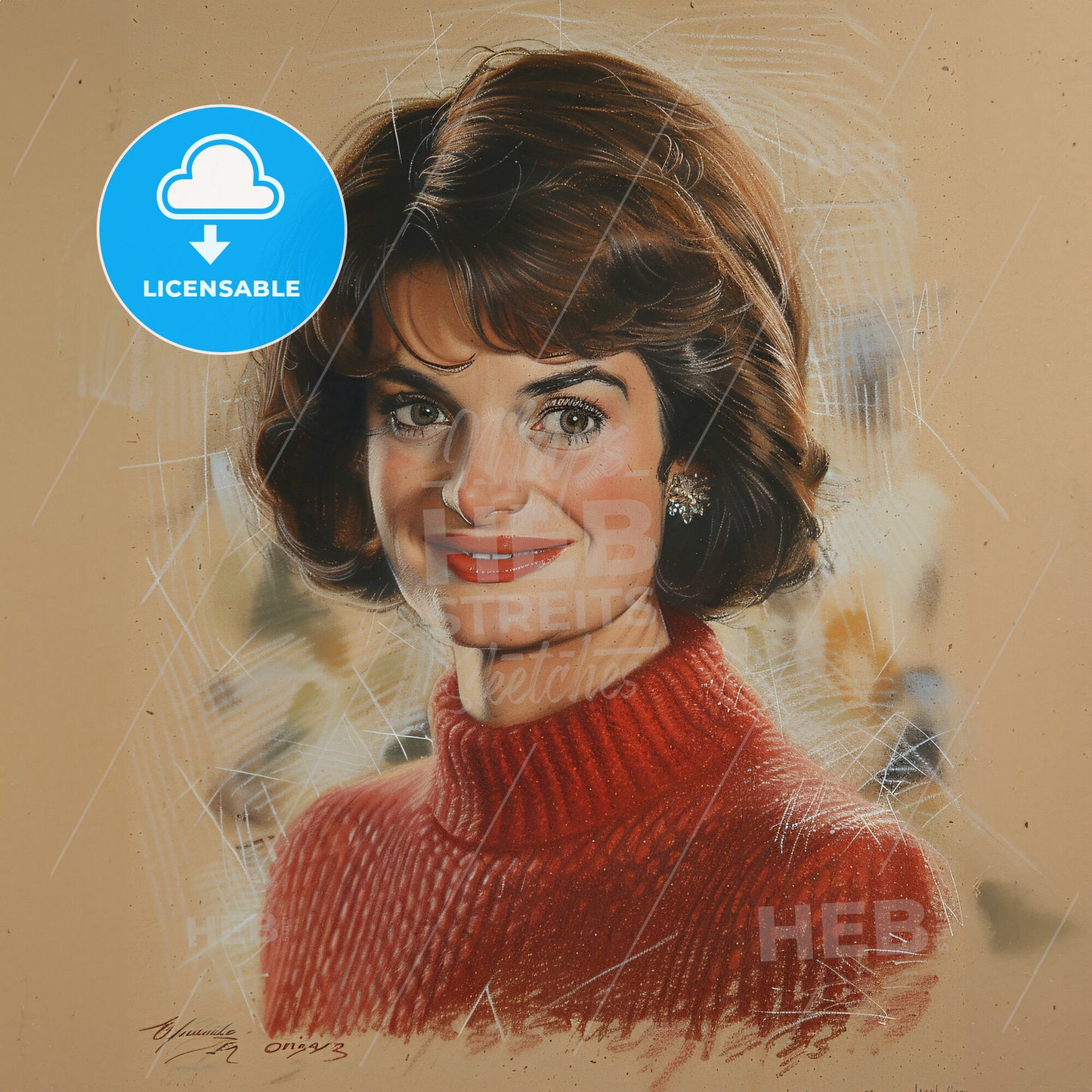 Jacqueline Kennedy Onassis, 1929 - 1994, American First Lady and socialite - A Painting Of A Woman In A Red Sweater