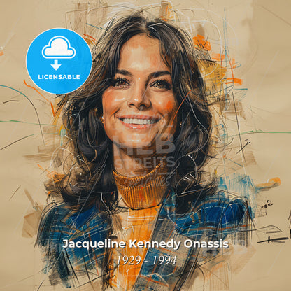 Jacqueline Kennedy Onassis, 1929 - 1994, American First Lady and socialite - A Woman With Brown Hair Wearing A Blue Jacket And Orange Turtleneck Print Template