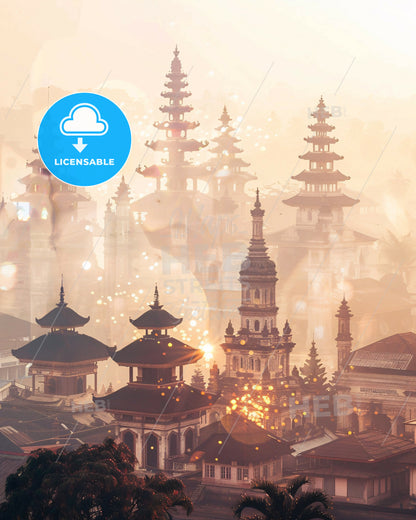 Jambi Skyline Double Exposure Art Print - A group of buildings with towers