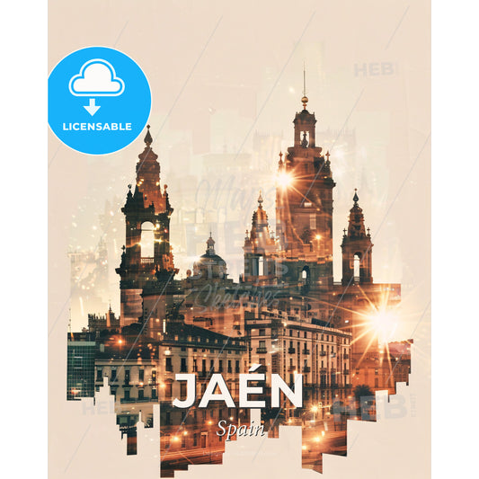 Jaen Skyline Composite Art Iconic Architecture - A city skyline with many buildings and a reflection of the sun - Square format print template