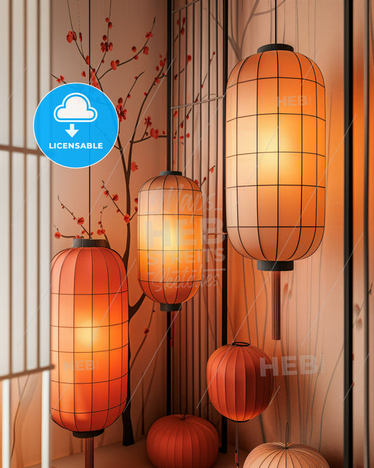 Tokyo Line Art Lanterns on Beige - A group of lanterns in a room