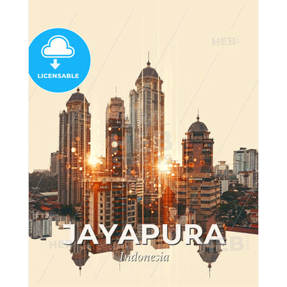 Jayapura Indonesia Skyline Double Exposure Sunset Print - Lingaraja Temple skyline with many tall buildings - Square format print template