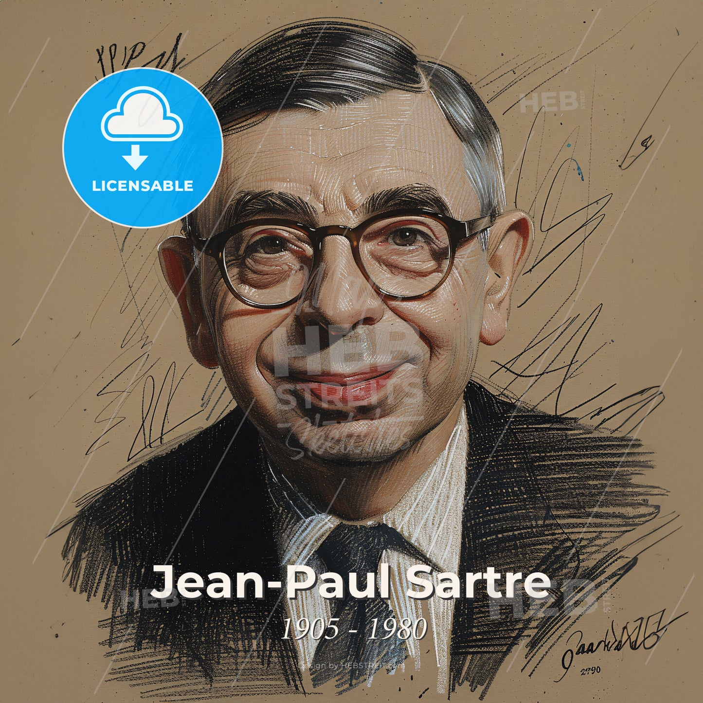 Jean-Paul Sartre, 1905 - 1980, French philosopher and writer - A Man Wearing Glasses And A Suit Print Template