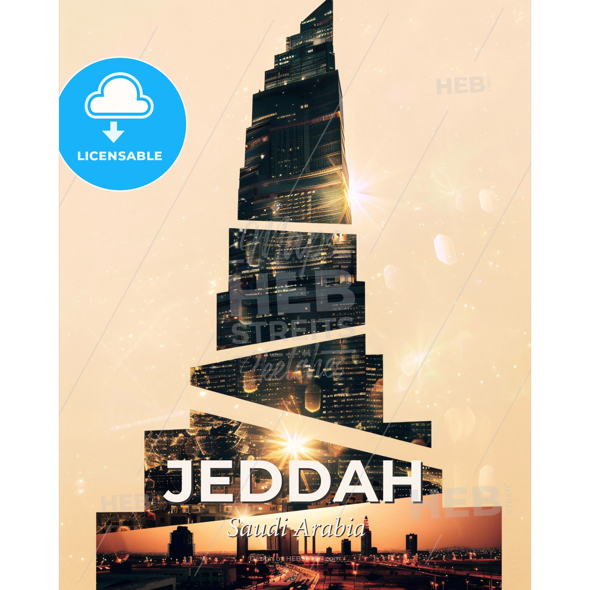 Jeddah Skyline Double Exposure Minimalist Beige - A skyscraper with many windows - Square format print template