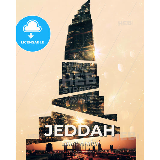 Jeddah Skyline Double Exposure Minimalist Beige - A skyscraper with many windows - Square format print template